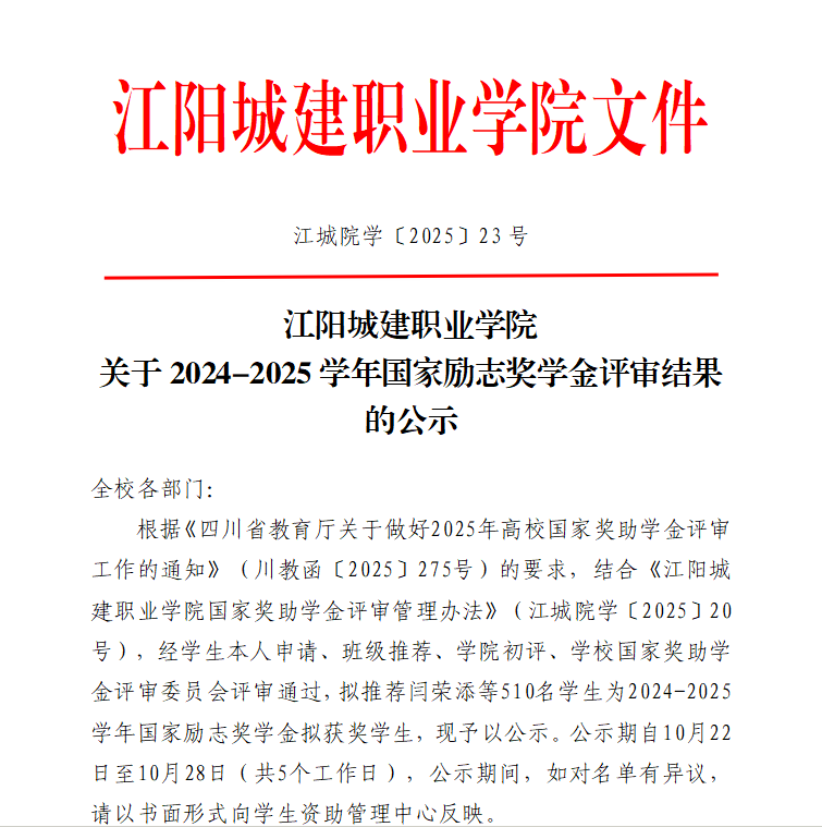 江阳城建职业学院 关于2024-2025学年国家励志奖学金评审结果的公示